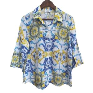 EUC Idillio Positano Linen Vibrant Colorful Button-Down Blouse Tunic